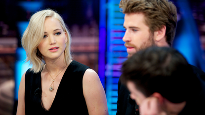 Jennifer Lawrence, Liam Hemsworth and Josh Hutcherson attend 'El Hormiguero' Tv show at Vertice Studio on November 26, 2015 in Madrid, Spain.