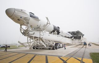 SpaceX's first Crew Dragon spacecraft and its Falcon 9 rocket roll out Launch Pad 39A of NASA's Kennedy Space Center on Feb. 28, 2019 in Cape Canaveral, Florida. Launch is set for March 2.