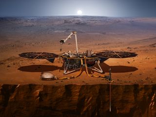 Artist's illustration of NASA's InSight lander at work on the Martian surface.