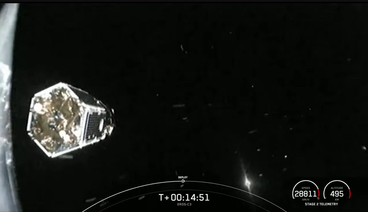 The ImageSat International EROS C-3 drifts away from SpaceX's Falcon 9 upper stage after deployment on Dec. 29, 2022.