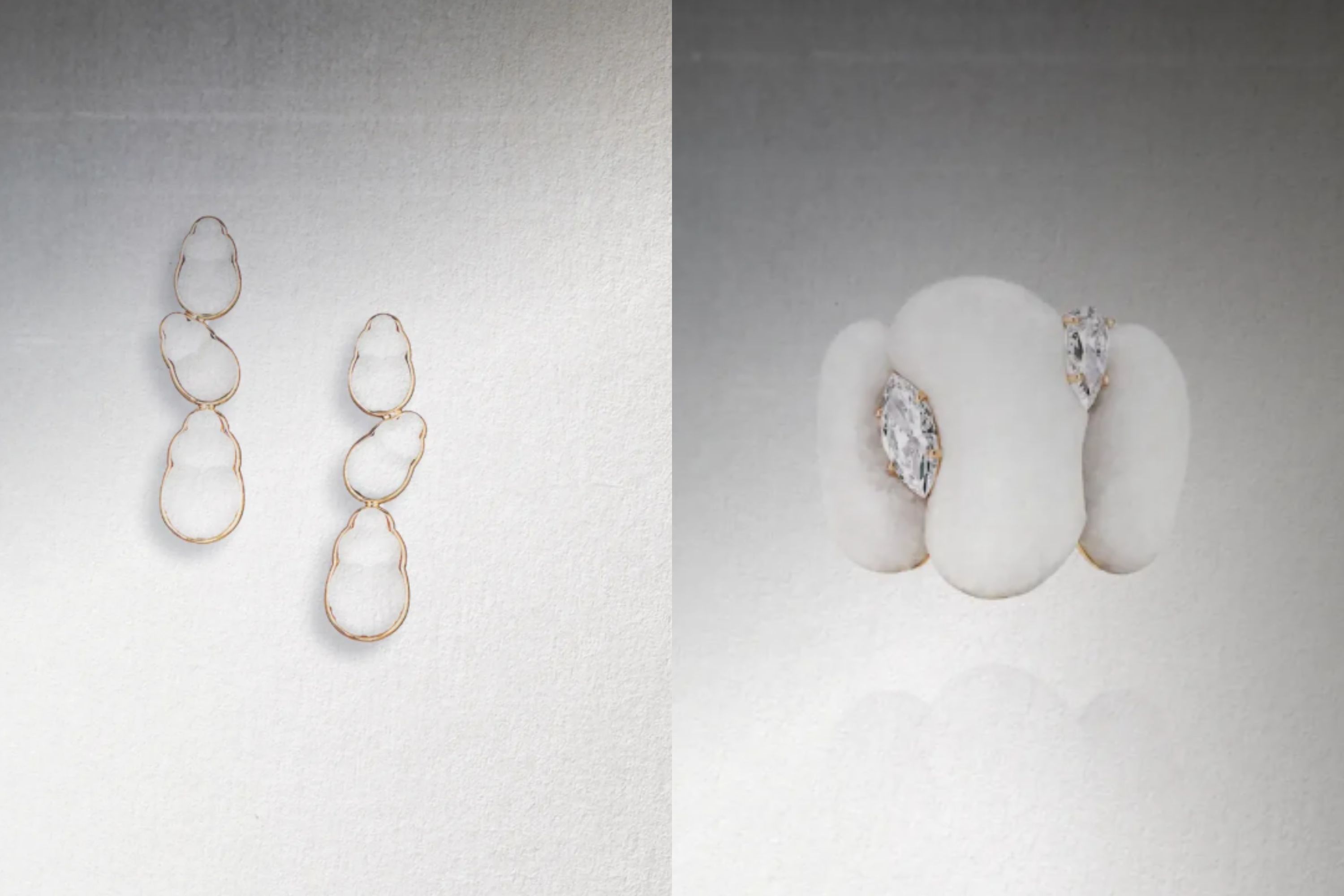 Some earrings and a ring, both made with white precious materials