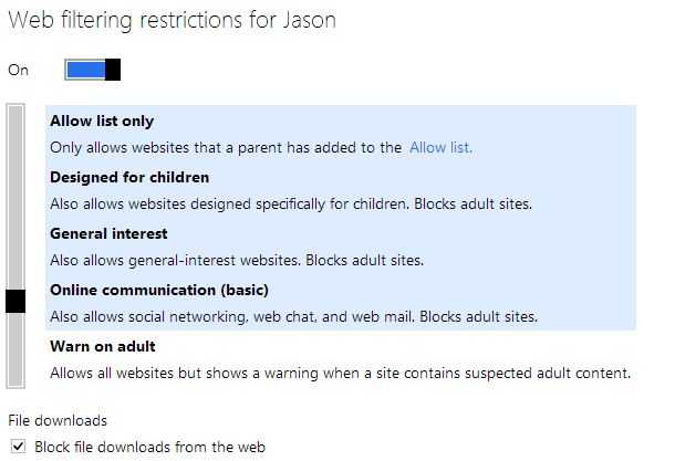 Microsoft Family Safety web filtering