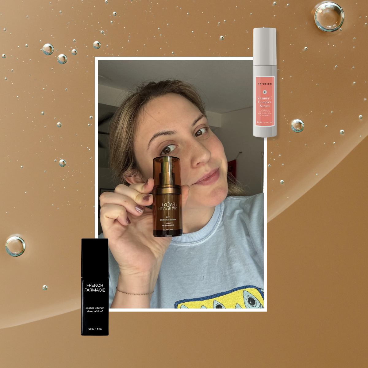 a brown-orange serum texture background with a girl in a grey shirt holding a brown serum next to a grey and pink serum and a black serum skincare bottle.
