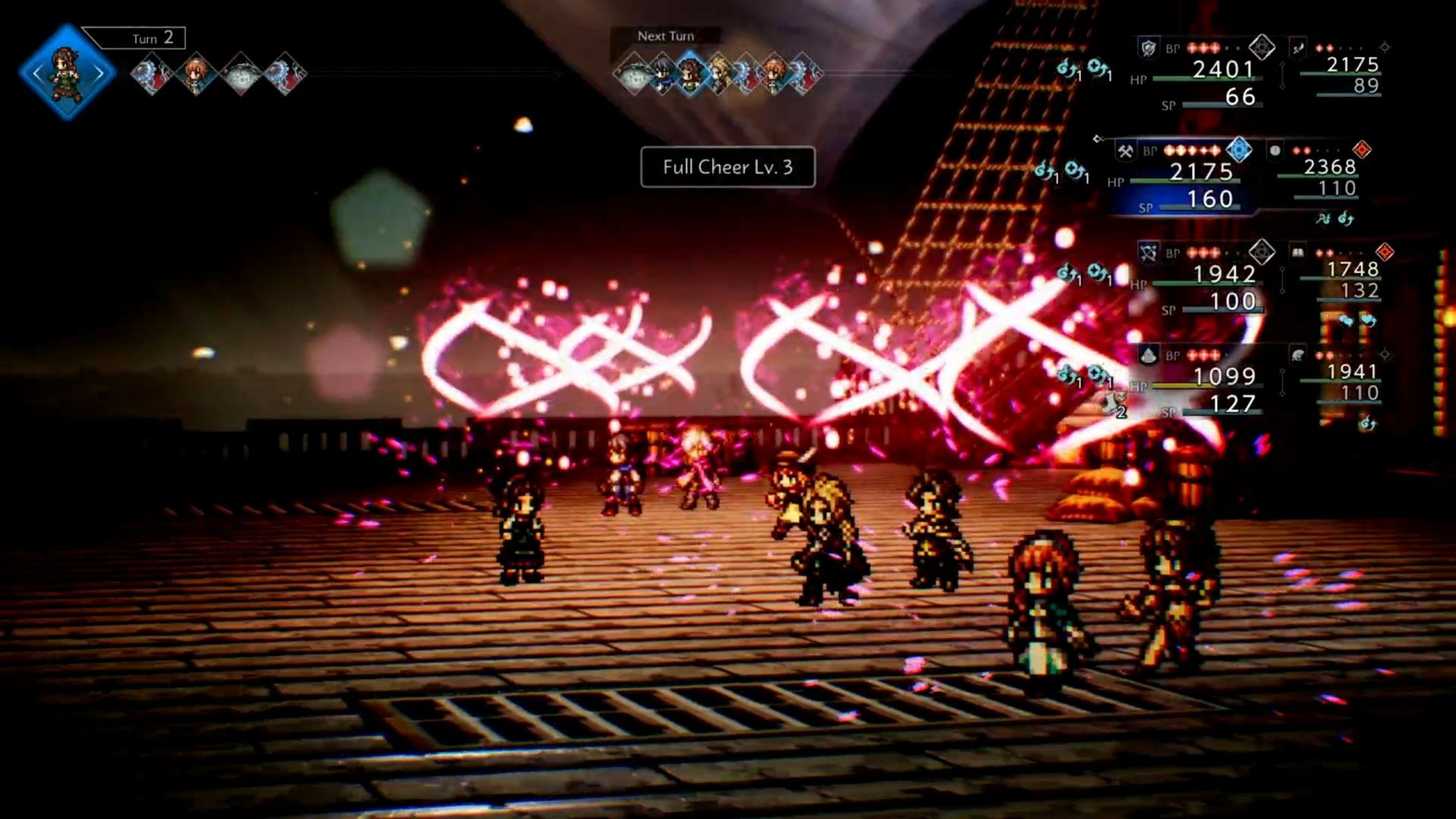Screenshot of combat from Octopath Traveler 0, showing eight heroes cast a spell on what seems like a ship, with battle UI of their health and turn order overlaid on top.