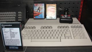 A photograph of a Scandinavian model of the Commodore 128 from the Helsinki Computer and Game Console Museum.