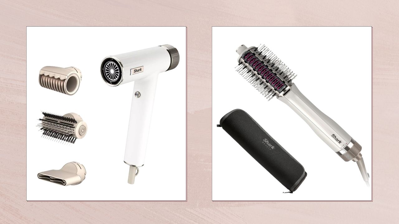 A selection of the best Shark Hair Dryers including the SpeedStye Ionic Dryer and Smooth Style Dryer Brush/ in a pink template