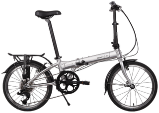 A Dahon Mariner folding bike in silver with mudguards and luggage rack against a white background