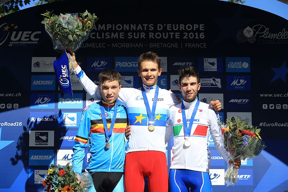 The European championships U23 podium: Bjorg Lambrecht (Belgium), Aliaksandr Riabushenko (Belarus) and Andrea Vendrame (Italy).