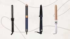 4 of the best curling wands for fine hair featured in this guide from (left to right) Cloud Nine, Dyson, ghd and Beauty Works set against a dusky pink background with beige fine line drawing