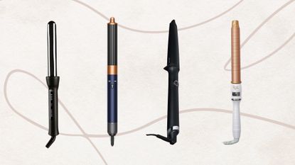 4 of the best curling wands for fine hair featured in this guide from (left to right) Cloud Nine, Dyson, ghd and Beauty Works set against a dusky pink background with beige fine line drawing
