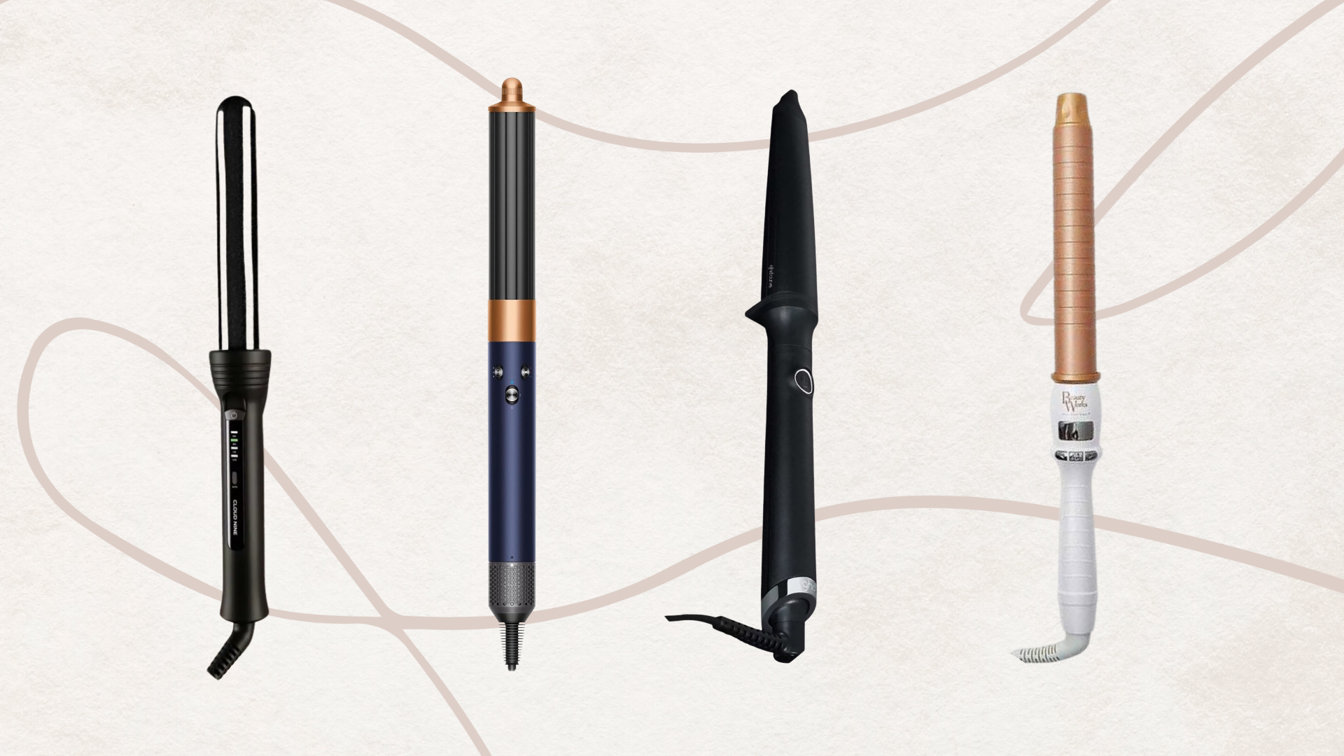 4 of the best curling wands for fine hair featured in this guide from (left to right) Cloud Nine, Dyson, ghd and Beauty Works set against a dusky pink background with beige fine line drawing