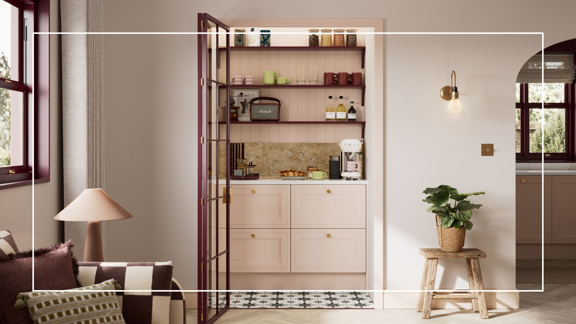 neutral living area with a coffee station in a glass-fronted cupboard to the side of a kitchen area