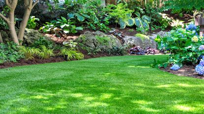 artificial lawn with flower beds