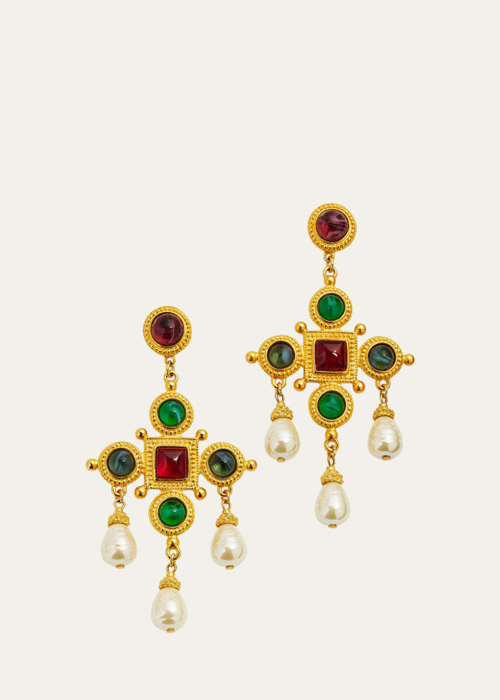 24k Gold Electroplated Pearly Drop Cross Earrings