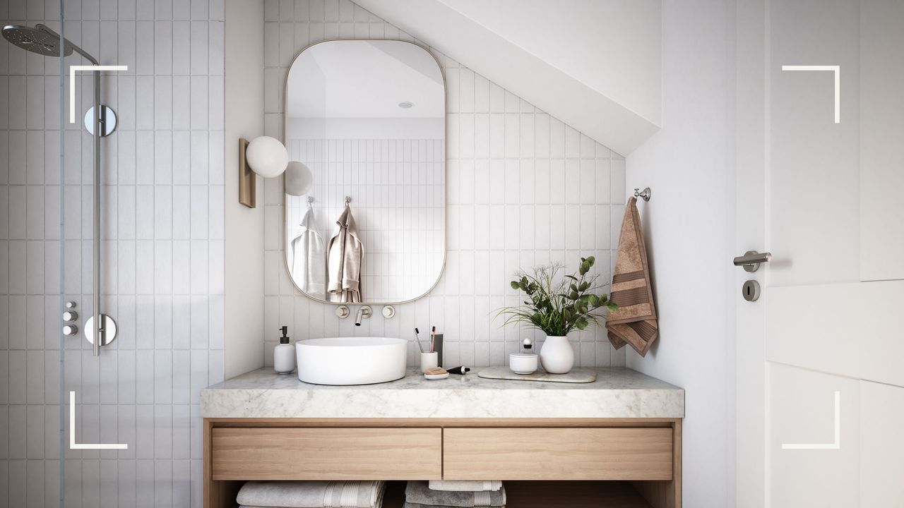 White contemporary bathroom with a small round sink with marble counter next to shower unit to show all the ares to consider wihen planning how to clean a bathroom in full