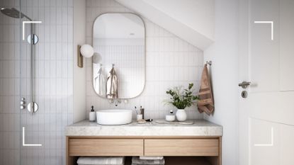 White contemporary bathroom with small round sink with marble counter next to shower unit to show all the ares to consider wihen planning how to clean a bathroom in full