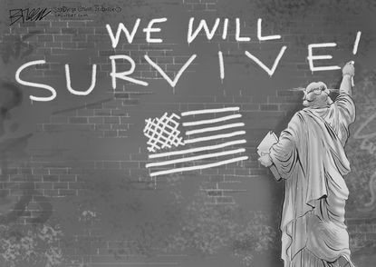 Political Cartoon U.S. Lady Liberty America Coronavirus flag graffiti survive