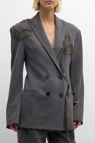 Hellessy Batiste Crystal Fringe Double-Breasted Blazer Jacket