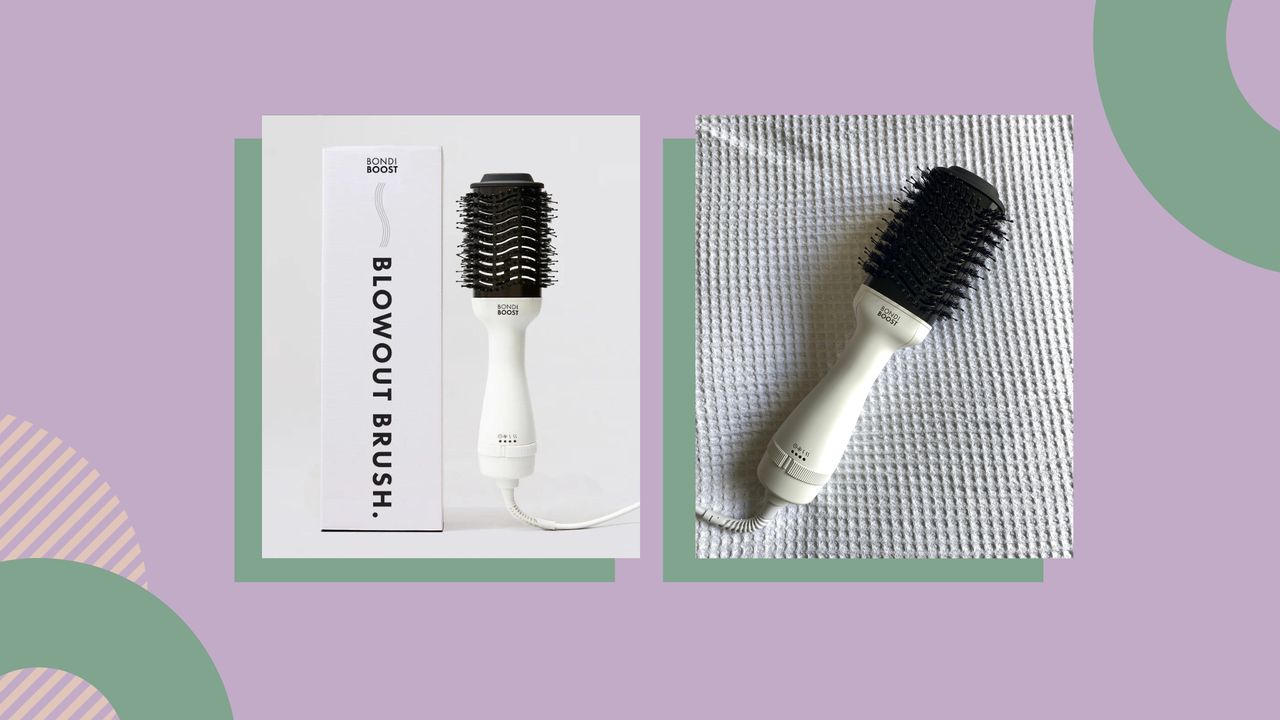 Collage showing two images of the Bondi Boost Blowout Brush review 