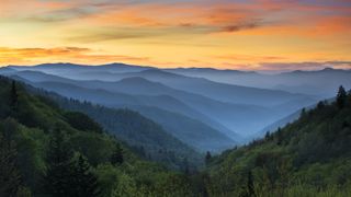 Sunrise over Great Smoky Mountains National Park in Gatlinburg, Tennessee, which is part of the Appalachian Mountains.