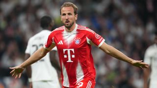 Harry Kane of FC Bayern Munich celebrates scoring his team's second goal during the UEFA Champions League 2025/26 Quarter-Final