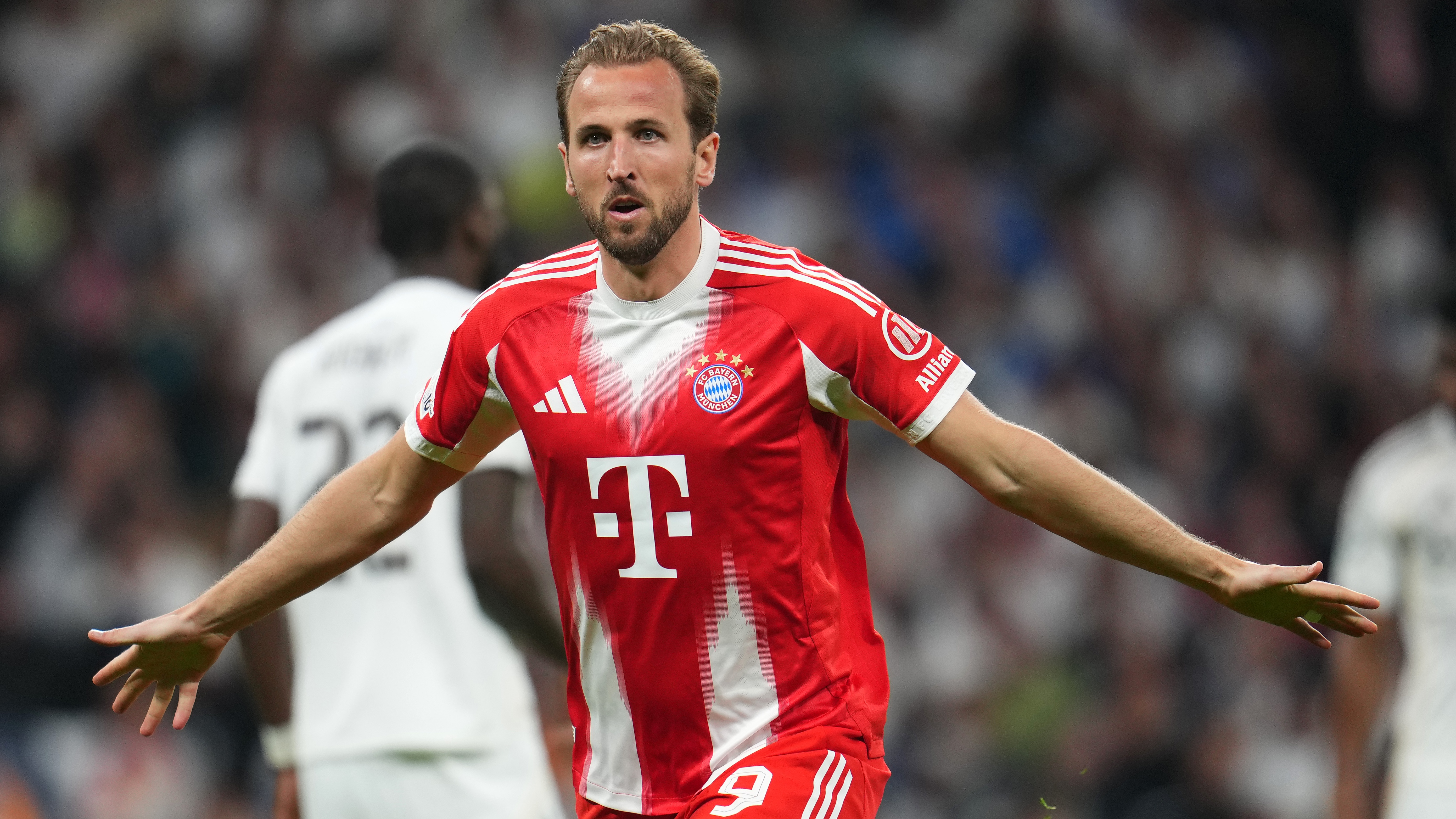 Harry Kane of FC Bayern Munich celebrates scoring his team's second goal during the UEFA Champions League 2025/26 Quarter-Final 