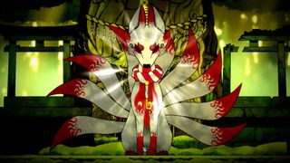 Bo: Path of the Teal Lotus screenshot showing a large white and red nine-tailed fox, a white glow emitting from its center