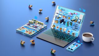 3D illustration of a shopping mall coming out from a PC and Tablet
