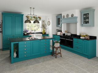 teal kitchen with island