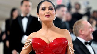 US-Mexican actress Salma Hayek arrives for the 2023 Met Gala at the Metropolitan Museum of Art on May 1, 2023, in New York. - The Gala raises money for the Metropolitan Museum of Art's Costume Institute. The Gala's 2023 theme is "Karl Lagerfeld: A Line of Beauty."