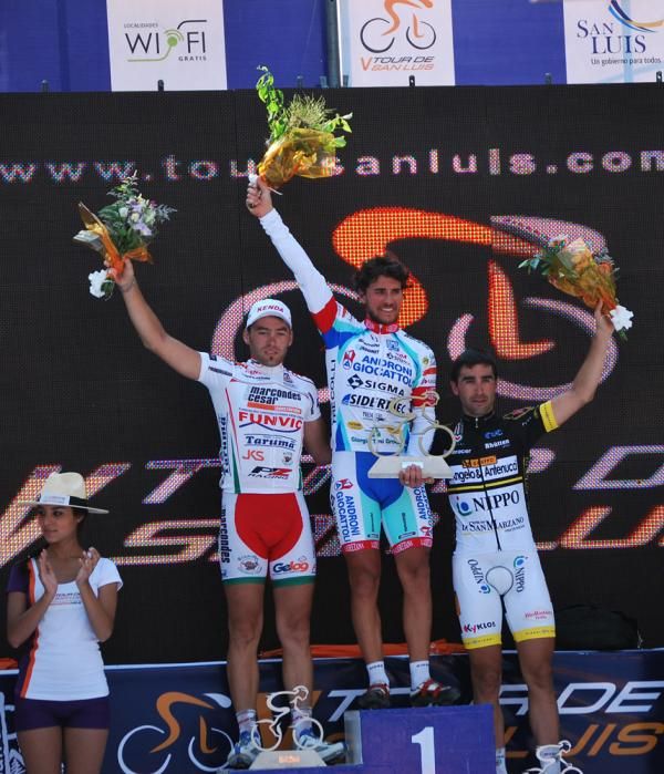 The stage three podium topped by Androni-Giocattoli's Roberto Ferrari