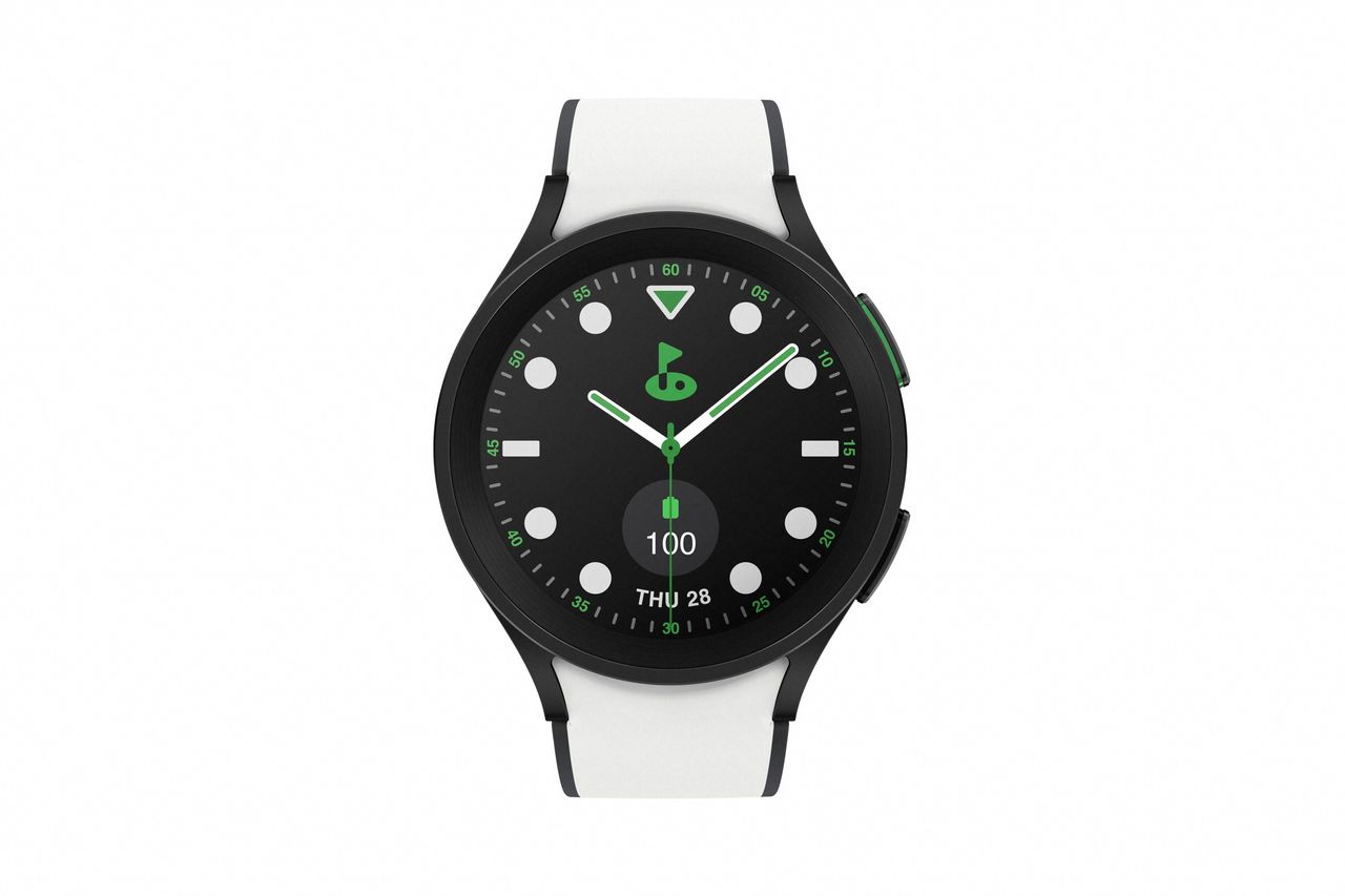 The Samsung Galaxy Watch 5 Golf Edition on a white strap with a white background