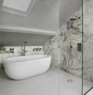 How to design a bathroom in an awkward space with concrete walls, marble panel and glazed shower screen