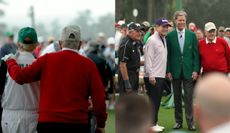 Nicklaus puts his arm around his wife and also poses on the first tee at Augusta National