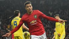 Manchester United striker Mason Greenwood celebrates his winning goal against Astana