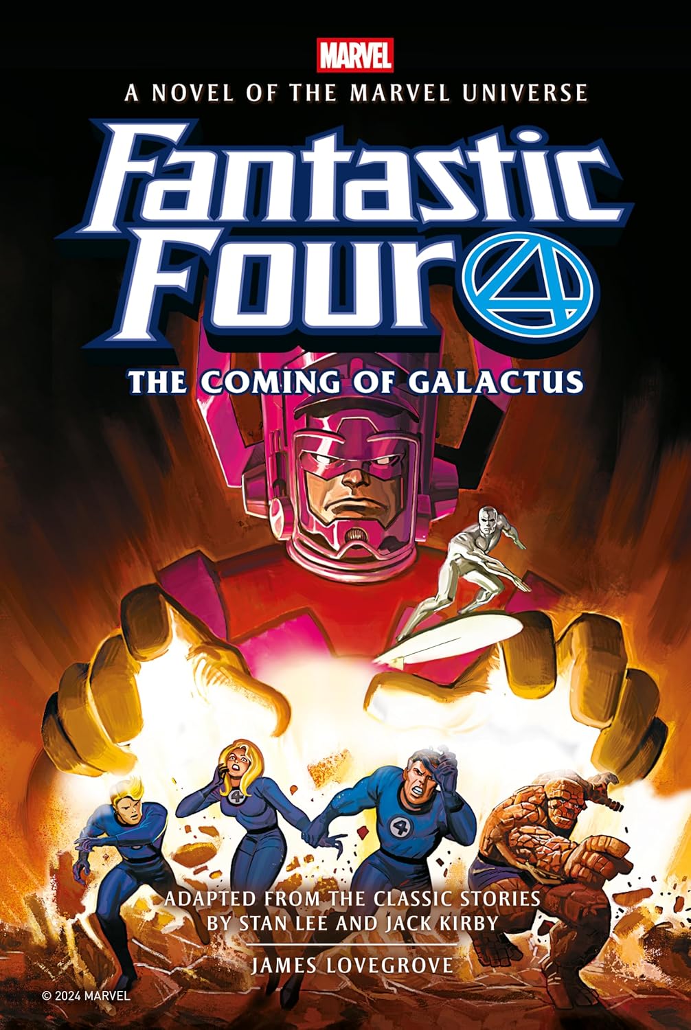A sci-fi superhero book cover with a helmet-headed space god and a fleeing superhero team