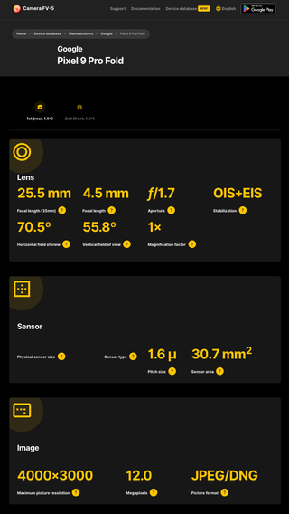 Google Pixel 9 Pro entry in Camera FV-5 database