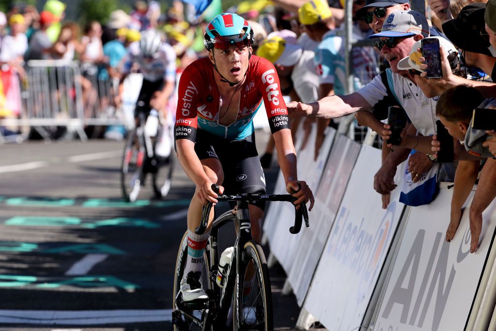 GRAND COLOMBIER FRANCE JULY 14 Maxim Van Gils of Belgium and LottoDstny crosses the finish line of stage thirteen of the 110th Tour de France 2023 a 1378km stage from ChatillonsurChalaronne to Grand Colombier 1501m UCIWT on July 14 2023 in Grand Colombier France Photo by Jean CatuffeGetty Images