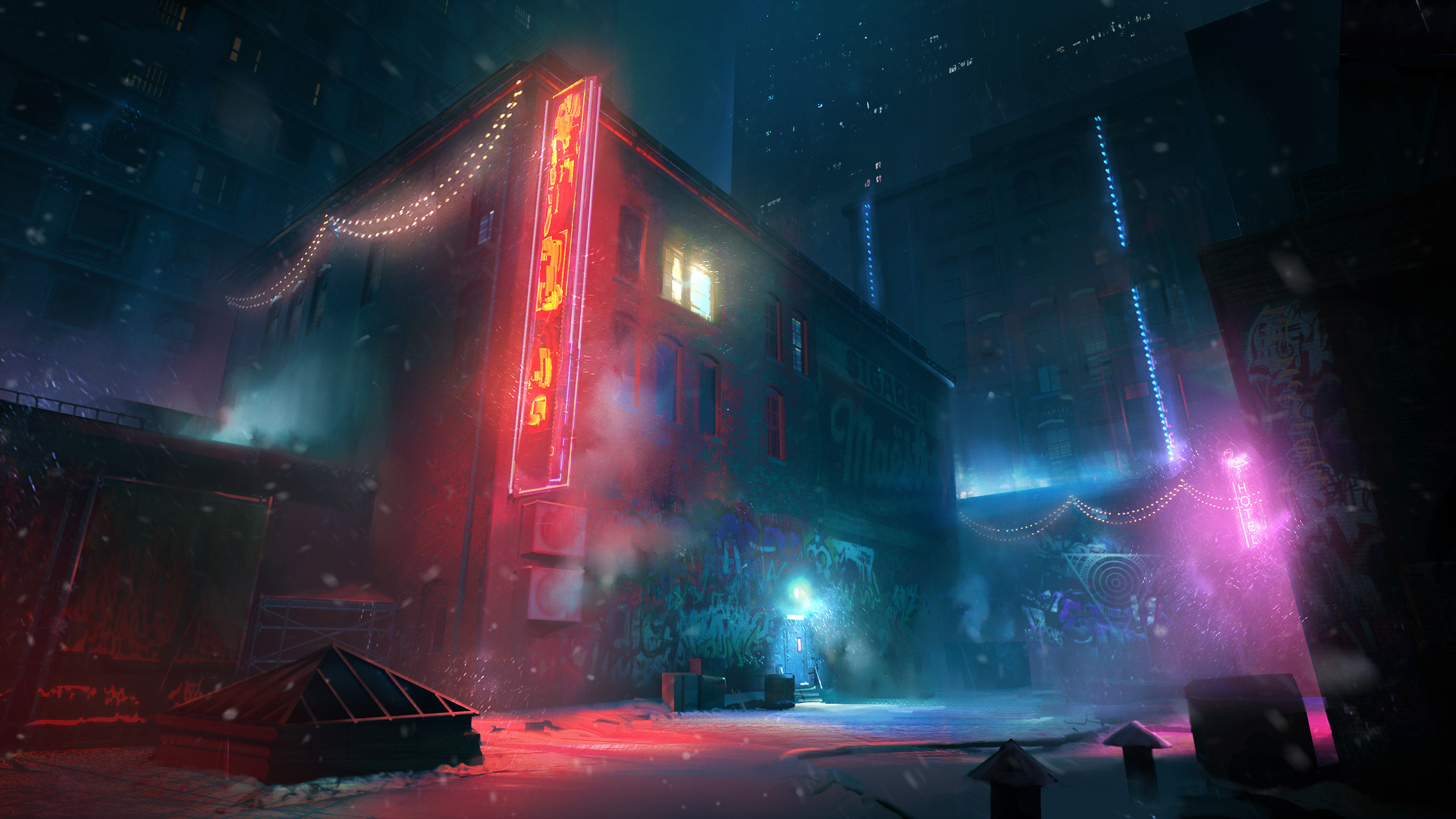 concept art of dive bar in the snow
