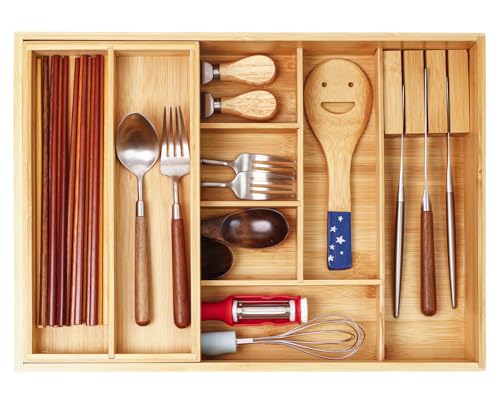Coiwai Double Layer Bamboo Kitchen Drawer Organizer, Utensil Silverware Organizer, Cutlery Tray, With Slidable & Removable Utensil Tray, With Knife Holder, Flatware Organizer,multi-Use Storage Box