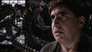 Alfred Molina as Otto Octavius talking to his mechanical arms in Spider-Man 2