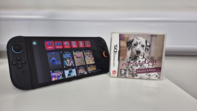 Nintendogs game case next to Nintendo Switch 2 console with Nintendo Switch Online content on display