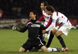 Andres Palop celebrates after scoring a late goal for Sevilla against Shakhtar Donetsk in the UEFA Cup in March 2007.