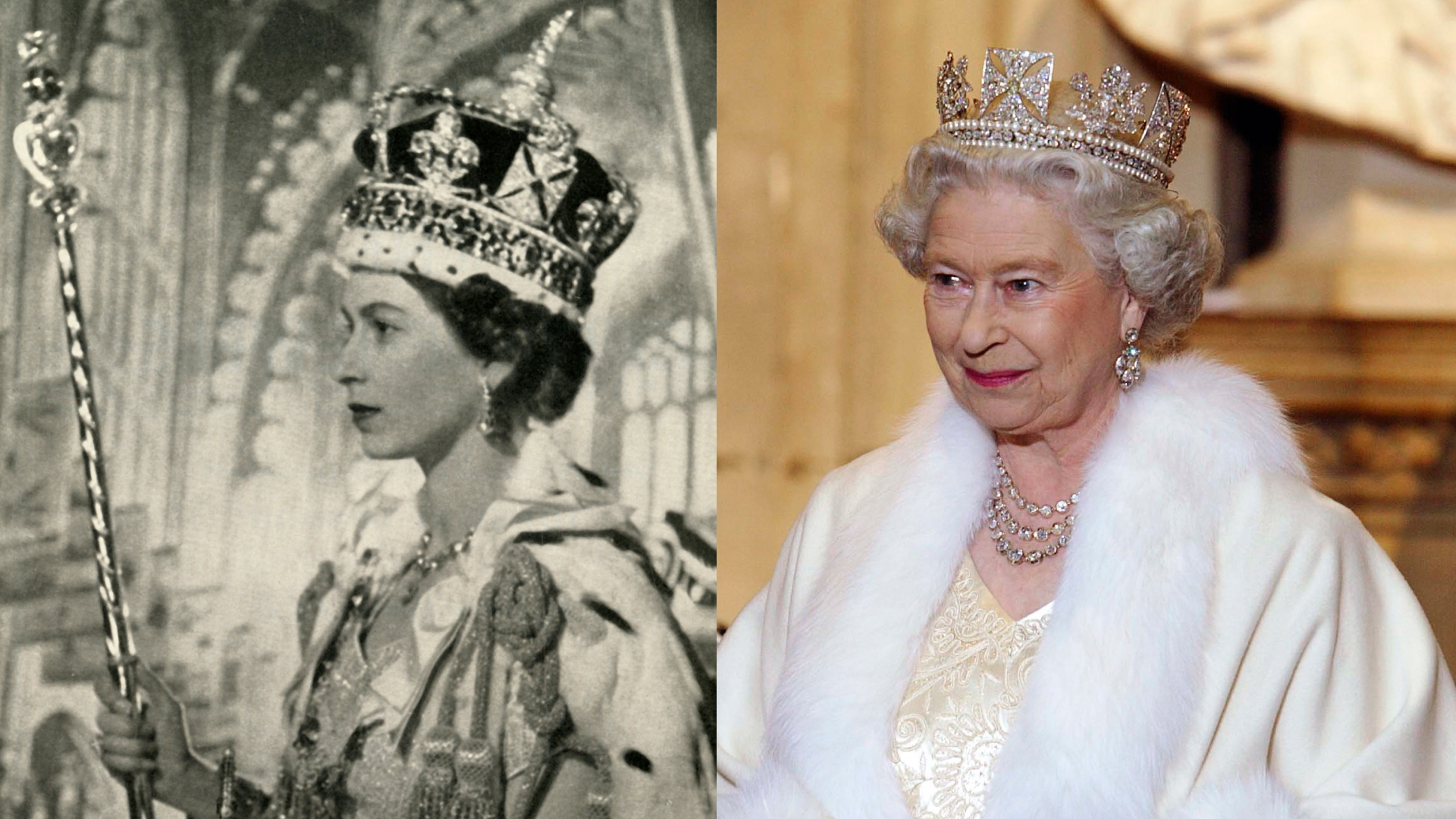A split image of Queen Elizabeth at her coronation and the queen wearing a tiara and fur stole