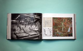 Left: model in the drafting room at Taliesin. Right: the master plan alongside site plan and detailed model