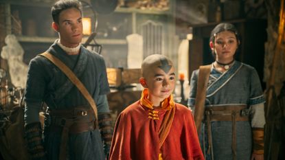 Ian Ousley as Sokka, Gordon Cormier as Aang, Kiawentiio as Katara in season 1 of Avatar: The Last Airbender