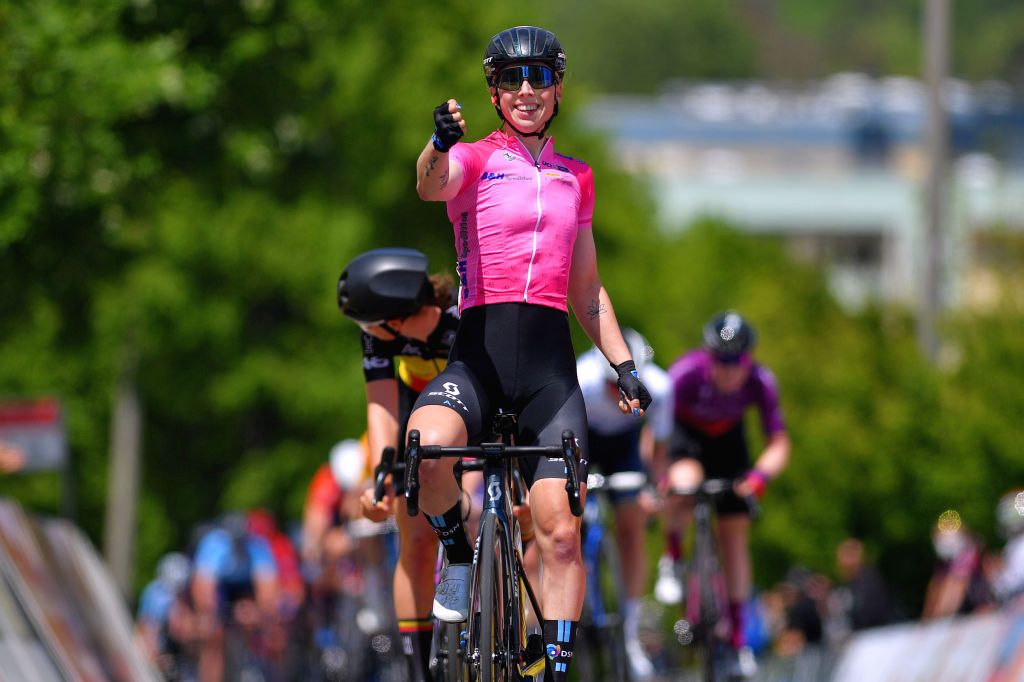 GOTHA GERMANY MAY 30 Lorena Wiebes of Netherlands and Team DSM Pink UCI Womens WorldTour Leader Jersey stage winner celebrates at arrival during the 34th Internationale LOTTO Thringen Ladies Tour 2021 Stage 6 a 978km stage from Gotha to Gotha ltlt2021 lottothueringenladiestour womencycling on May 30 2021 in Gotha Germany Photo by Luc ClaessenGetty Images