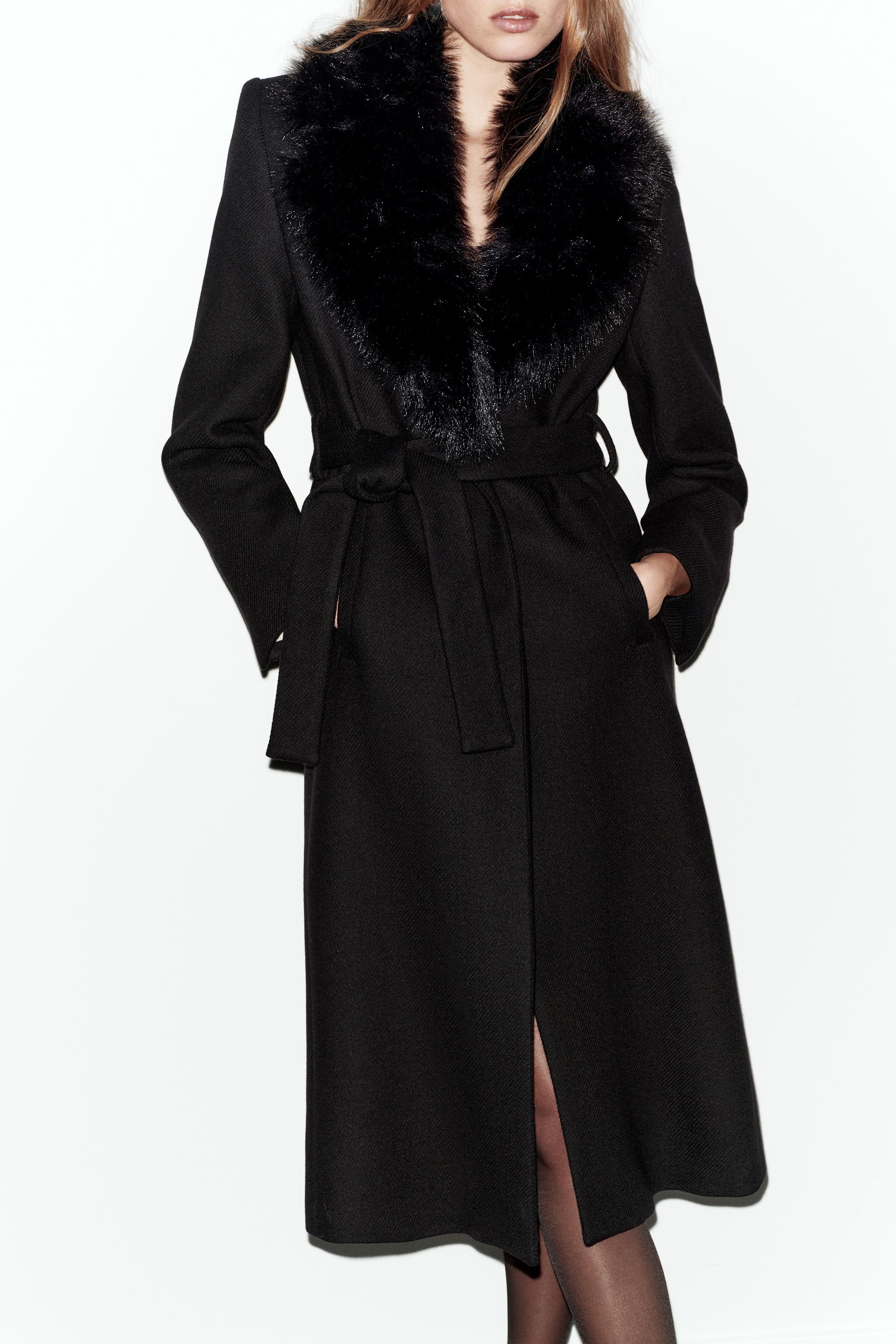 ZARA Wool Coat With Faux Fur Lapel and Belt