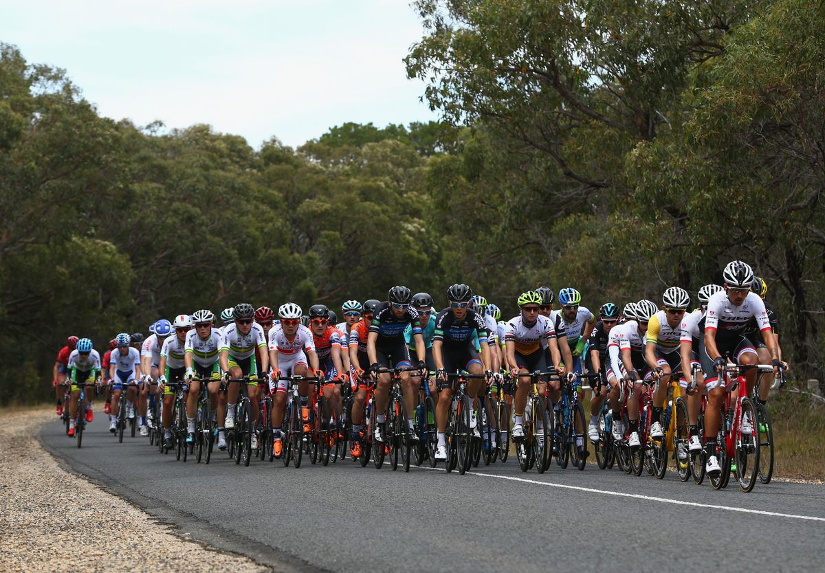 The peloton lined across the road