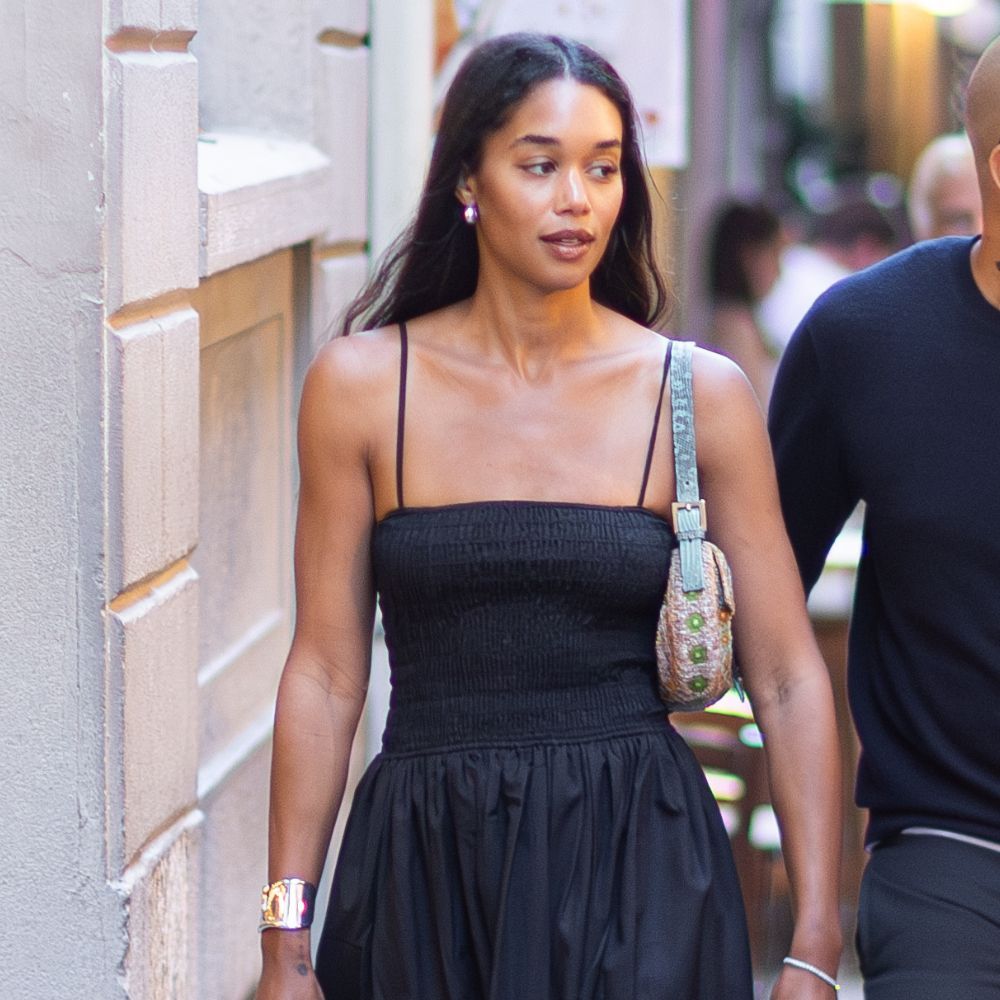 Laura Harrier just wore the ruched dress trend with pretty Mary Janes